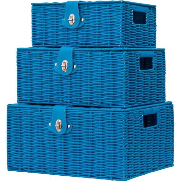 Set of 3 Woven Wicker Storage Basket Box with Lid & Lock Built-in Carry Handles